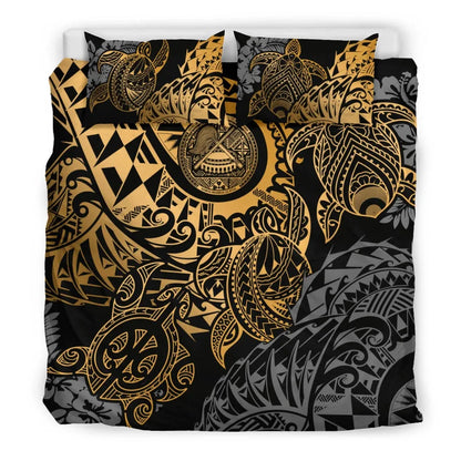 American Samoa Polynesian Duvet Cover Set - Gold Turtle Hibiscus Flowing