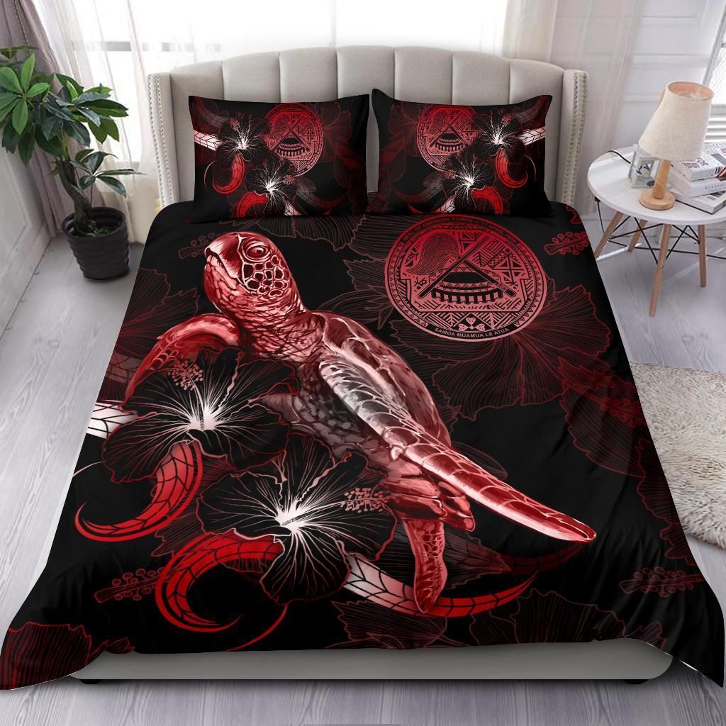 American Samoa Polynesian Bedding Set - Turtle With Blooming Hibiscus Red