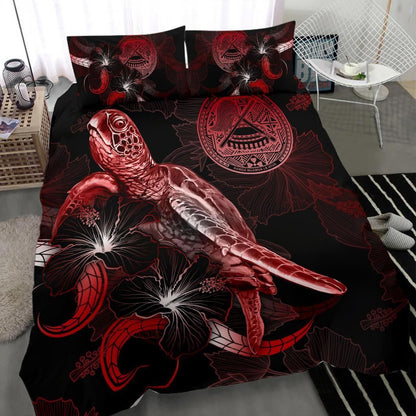 American Samoa Polynesian Bedding Set - Turtle With Blooming Hibiscus Red
