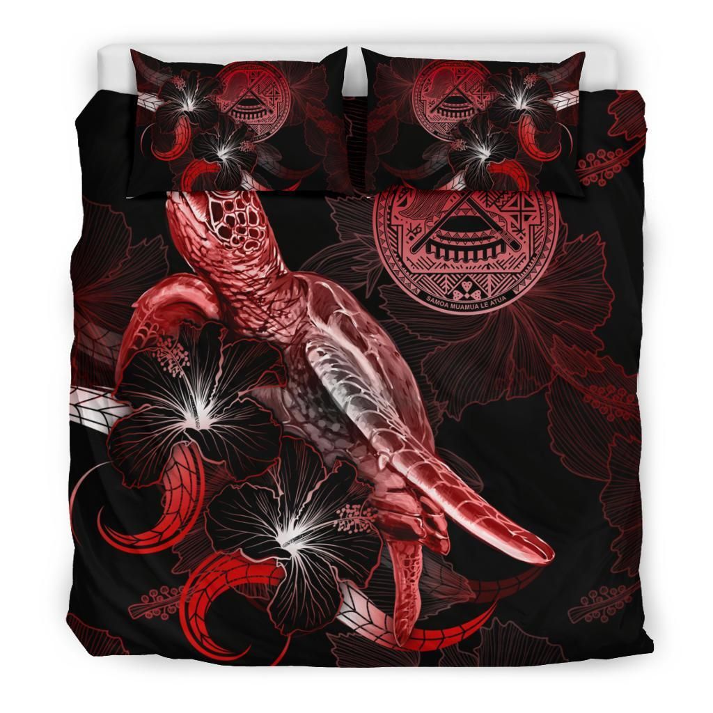 American Samoa Polynesian Bedding Set - Turtle With Blooming Hibiscus Red