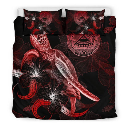 American Samoa Polynesian Bedding Set - Turtle With Blooming Hibiscus Red