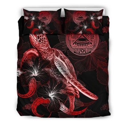 American Samoa Polynesian Bedding Set - Turtle With Blooming Hibiscus Red