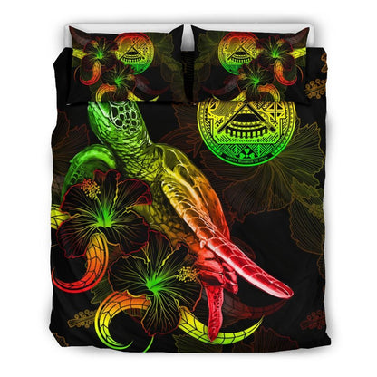 American Samoa Polynesian Bedding Set - Turtle With Blooming Hibiscus Reggae