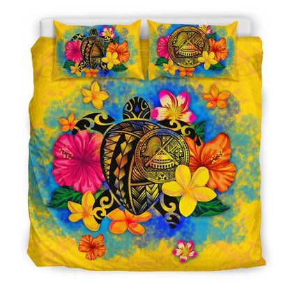 American Samoa Polynesian Bedding Set - Turtle With Plumeria And Hibiscus