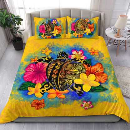 American Samoa Polynesian Bedding Set - Turtle With Plumeria And Hibiscus