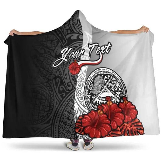 American Samoa Polynesian Custom Personalised Hooded Blanket- Coat Of Arm With Hibiscus White