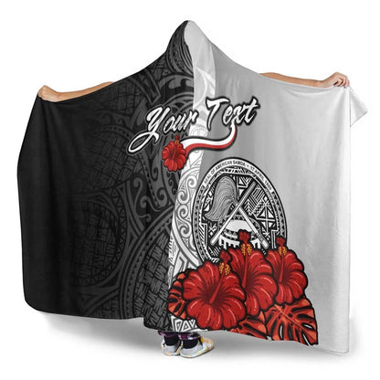 American Samoa Polynesian Custom Personalised Hooded Blanket- Coat Of Arm With Hibiscus White