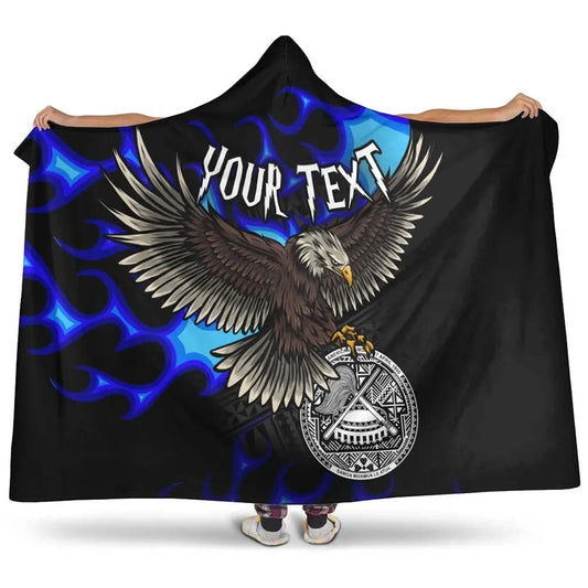 American Samoa Polynesian Custom Personalised Hooded Blanket - Eagle With Flame Blue