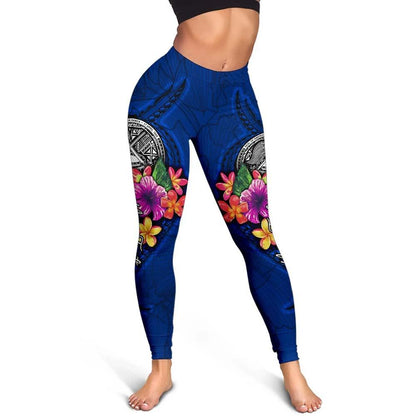 American Samoa Polynesian Custom Personalised Legging - Floral With Seal Blue