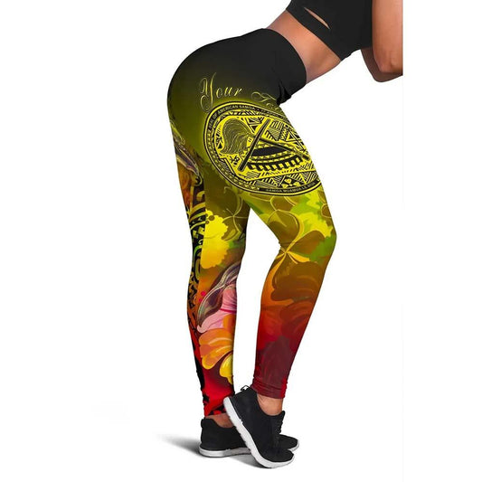 American Samoa Polynesian Custom Personalised Legging - Humpback Whale with Tropical Flowers