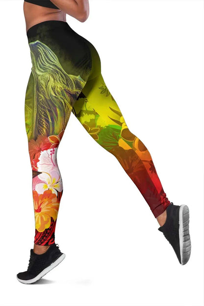 American Samoa Polynesian Custom Personalised Legging - Humpback Whale with Tropical Flowers