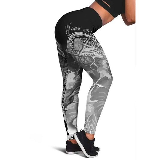 American Samoa Polynesian Custom Personalised Legging - Humpback Whale with Tropical Flowers (White)