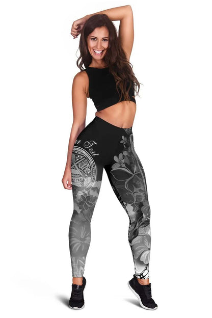 American Samoa Polynesian Custom Personalised Legging - Humpback Whale with Tropical Flowers (White)