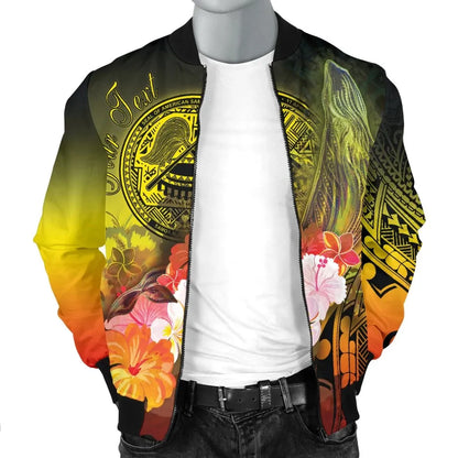 American Samoa Polynesian Custom Personalised Bomber Jacket - Humpback Whale with Tropical Flowers