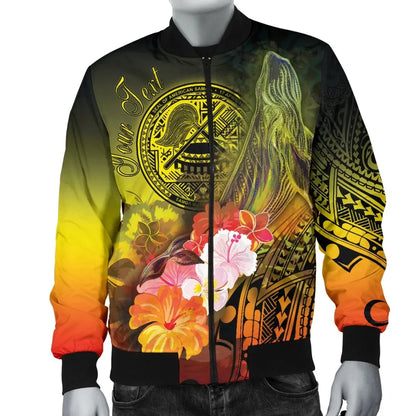 American Samoa Polynesian Custom Personalised Bomber Jacket - Humpback Whale with Tropical Flowers