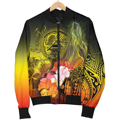 American Samoa Polynesian Custom Personalised Bomber Jacket - Humpback Whale with Tropical Flowers