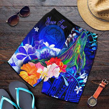 American Samoa Polynesian Custom Personalised Men Shorts - Humpback Whale with Tropical Flowers (Blue)