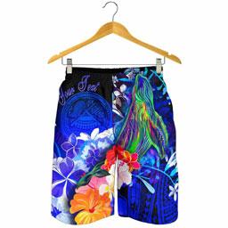 American Samoa Polynesian Custom Personalised Men Shorts - Humpback Whale with Tropical Flowers (Blue)