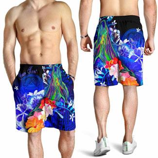 American Samoa Polynesian Custom Personalised Men Shorts - Humpback Whale with Tropical Flowers (Blue)