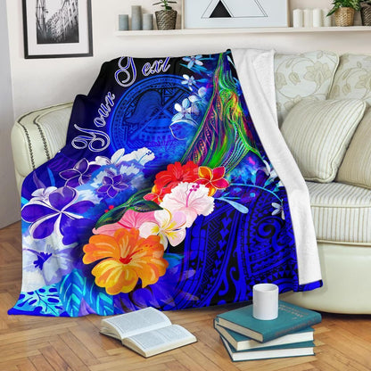 American Samoa Polynesian Custom Personalised Premium Blanket - Humpback Whale with Tropical Flowers