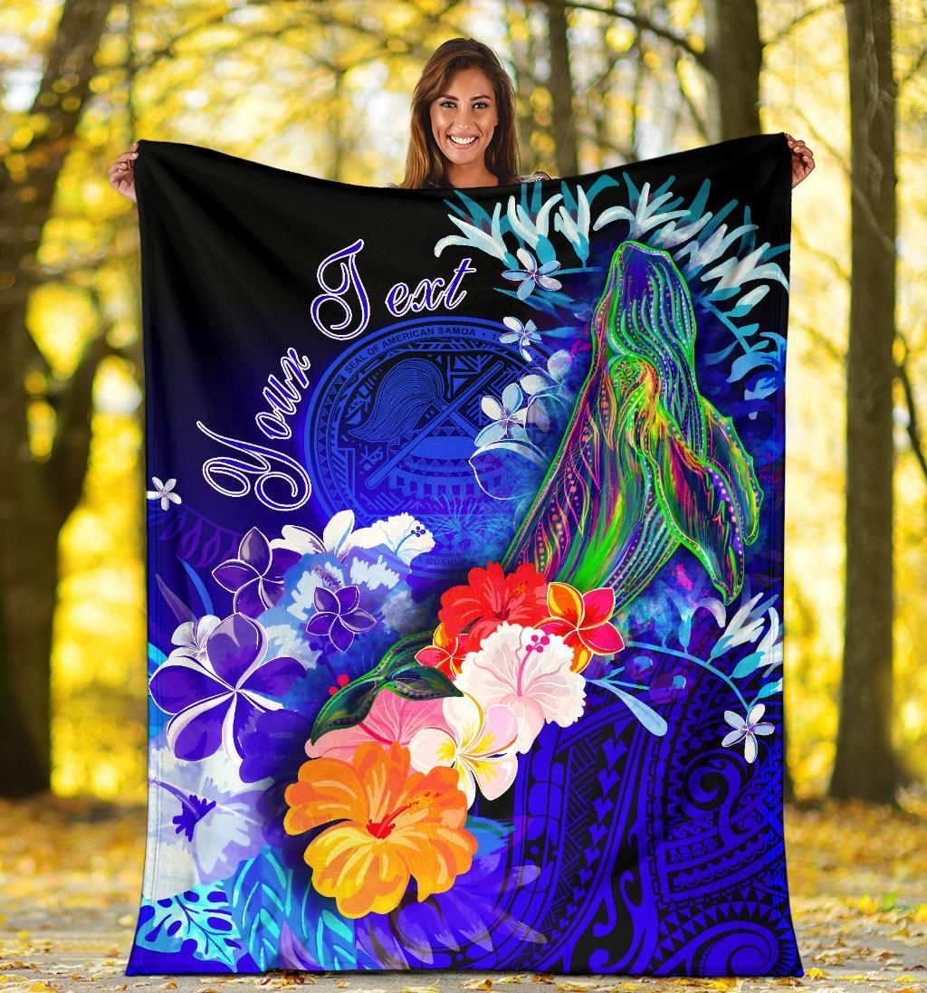 American Samoa Polynesian Custom Personalised Premium Blanket - Humpback Whale with Tropical Flowers