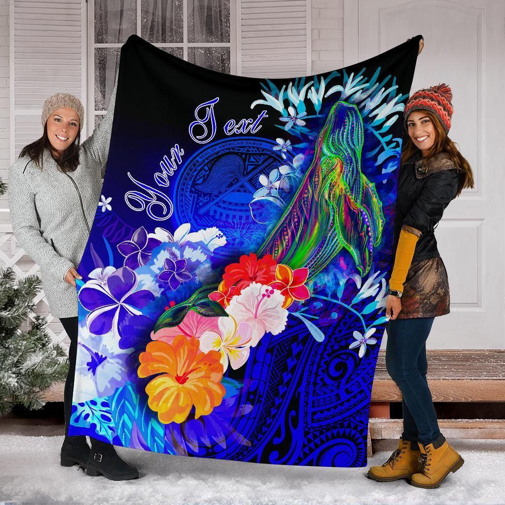 American Samoa Polynesian Custom Personalised Premium Blanket - Humpback Whale with Tropical Flowers