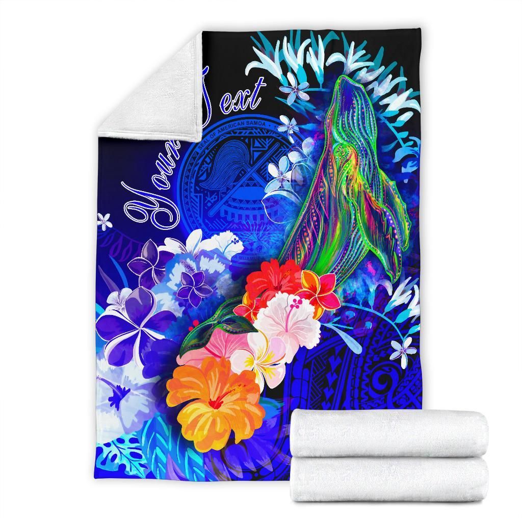 American Samoa Polynesian Custom Personalised Premium Blanket - Humpback Whale with Tropical Flowers
