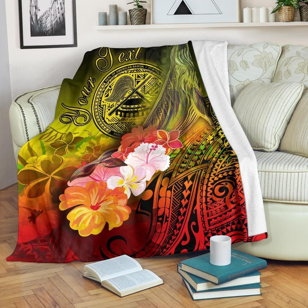 American Samoa Polynesian Custom Personalised Premium Blanket - Humpback Whale with Tropical Flowers