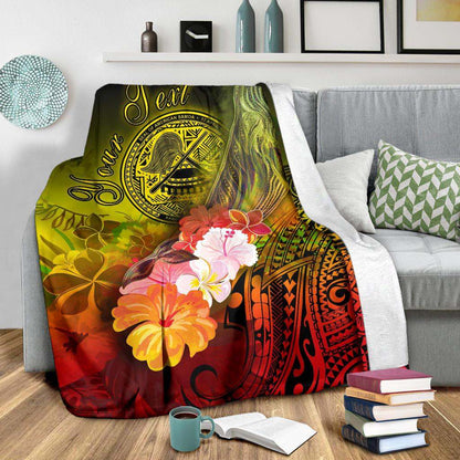 American Samoa Polynesian Custom Personalised Premium Blanket - Humpback Whale with Tropical Flowers
