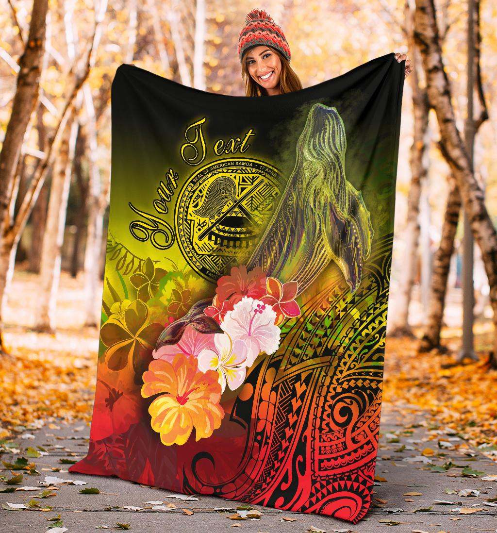 American Samoa Polynesian Custom Personalised Premium Blanket - Humpback Whale with Tropical Flowers