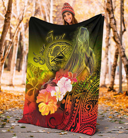American Samoa Polynesian Custom Personalised Premium Blanket - Humpback Whale with Tropical Flowers