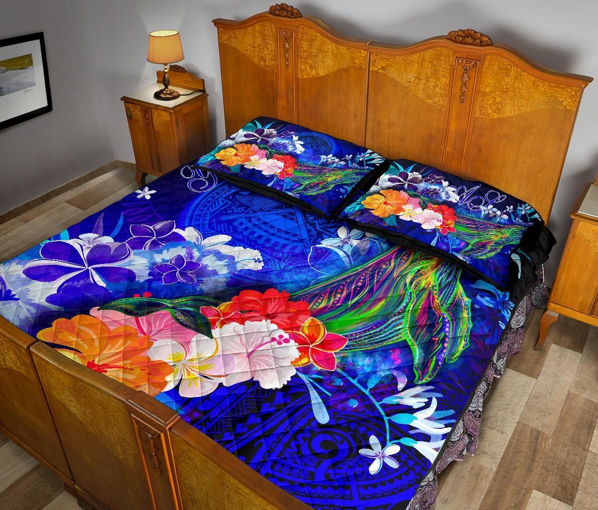 American Samoa Polynesian Custom Personalised Quilt Bed Set - Humpback Whale with Tropical Flowers (Blue)
