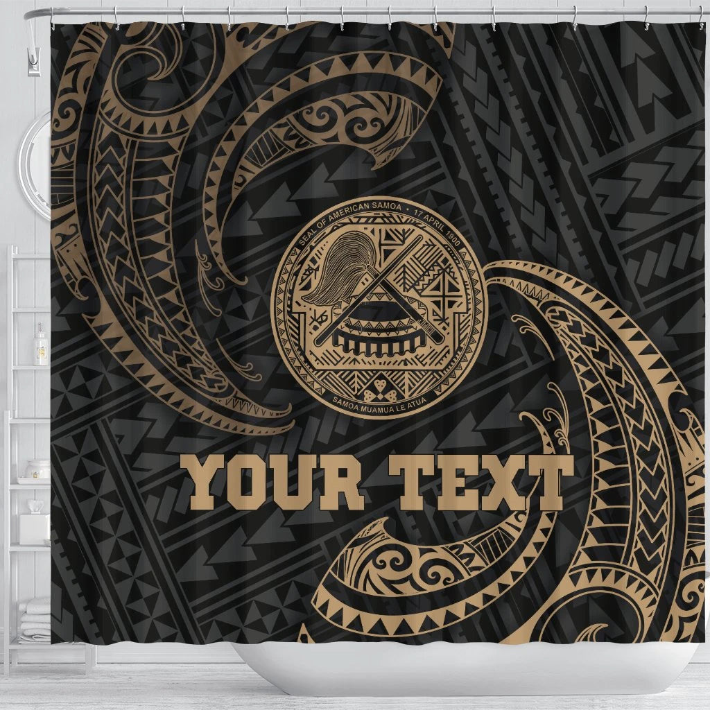 American Samoa Polynesian Custom Personalised Shower Curtain - Gold Tribal Wave