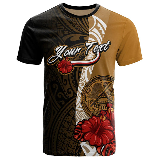 American Samoa Polynesian Custom Personalised T-Shirt - Coat Of Arms With Hibiscus Gold