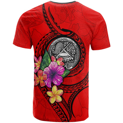 American Samoa Polynesian Custom Personalised T-shirt - Floral With Seal Red