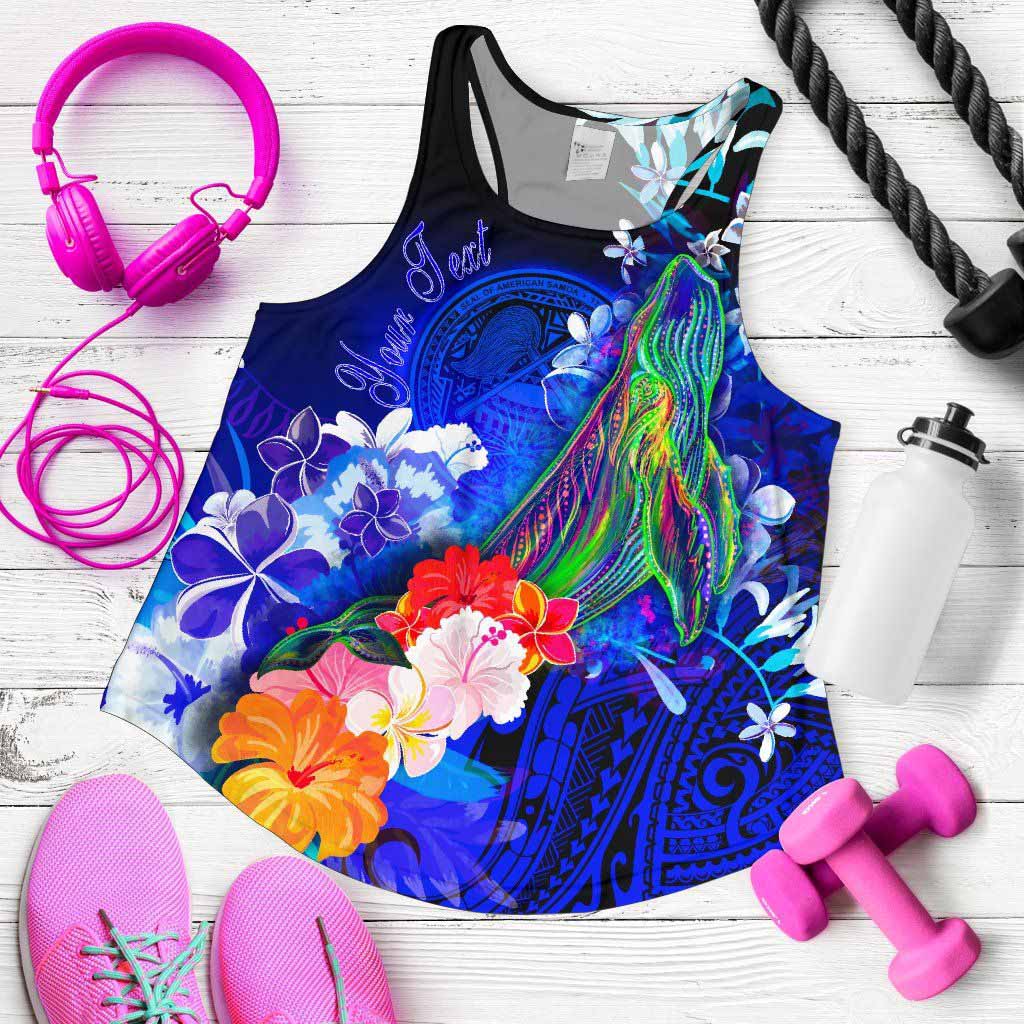 American Samoa Polynesian Custom Personalised Women Racerback Tank - Humpback Whale with Tropical Flowers (Blue)
