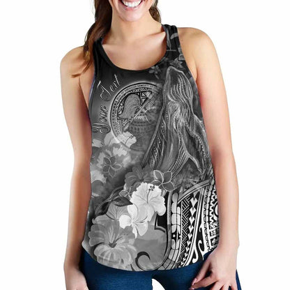 American Samoa Polynesian Custom Personalised Women Racerback Tank - Humpback Whale with Tropical Flowers (White)