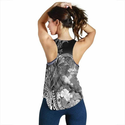 American Samoa Polynesian Custom Personalised Women Racerback Tank - Humpback Whale with Tropical Flowers (White)