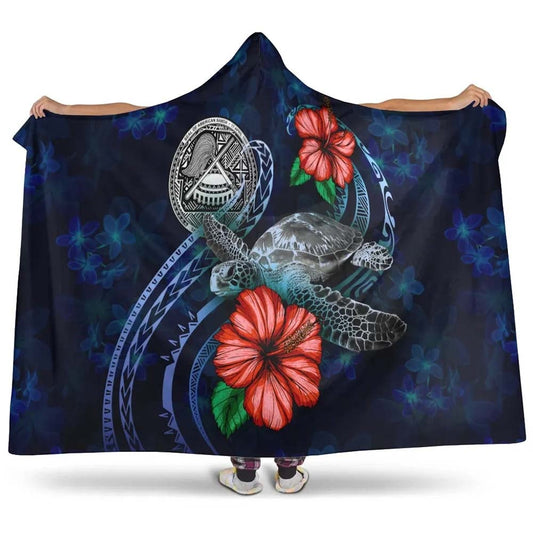 American Samoa Polynesian Hooded Blanket - Blue Turtle Hibiscus