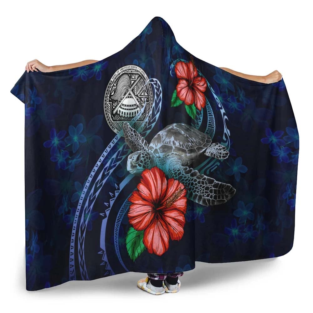 American Samoa Polynesian Hooded Blanket - Blue Turtle Hibiscus