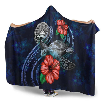 American Samoa Polynesian Hooded Blanket - Blue Turtle Hibiscus