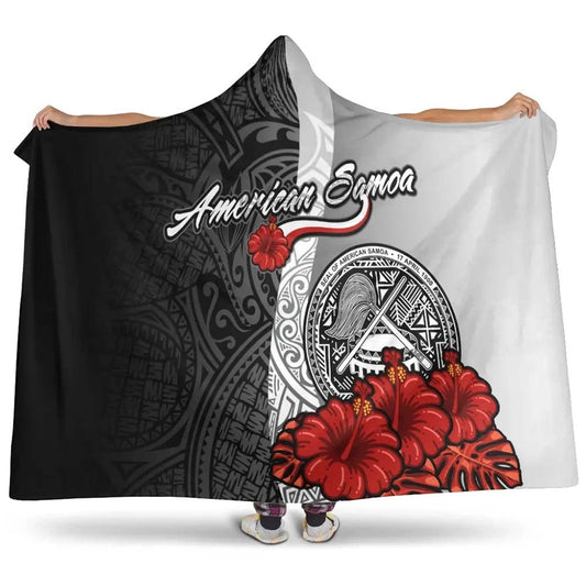 American Samoa Polynesian Hooded Blanket- Coat Of Arm With Hibiscus White