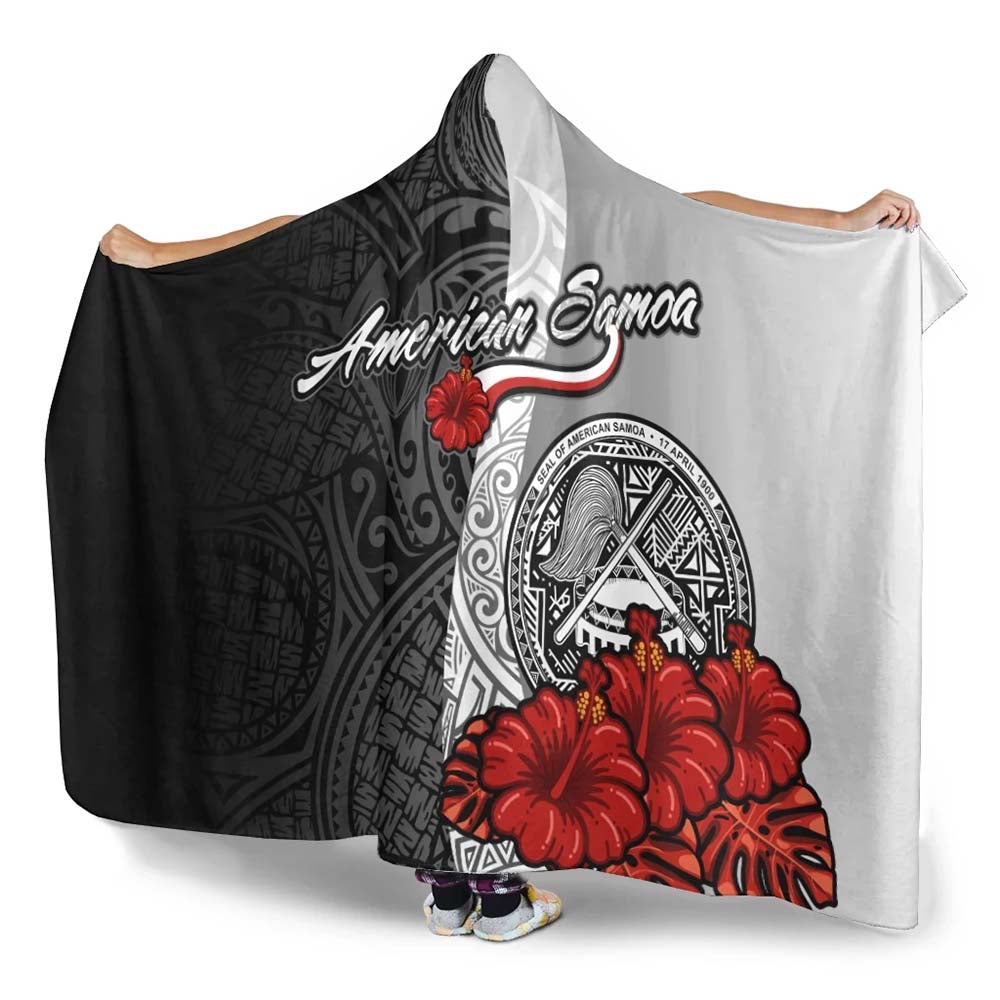 American Samoa Polynesian Hooded Blanket- Coat Of Arm With Hibiscus White