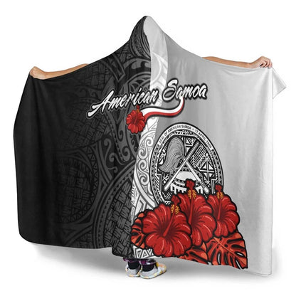 American Samoa Polynesian Hooded Blanket- Coat Of Arm With Hibiscus White