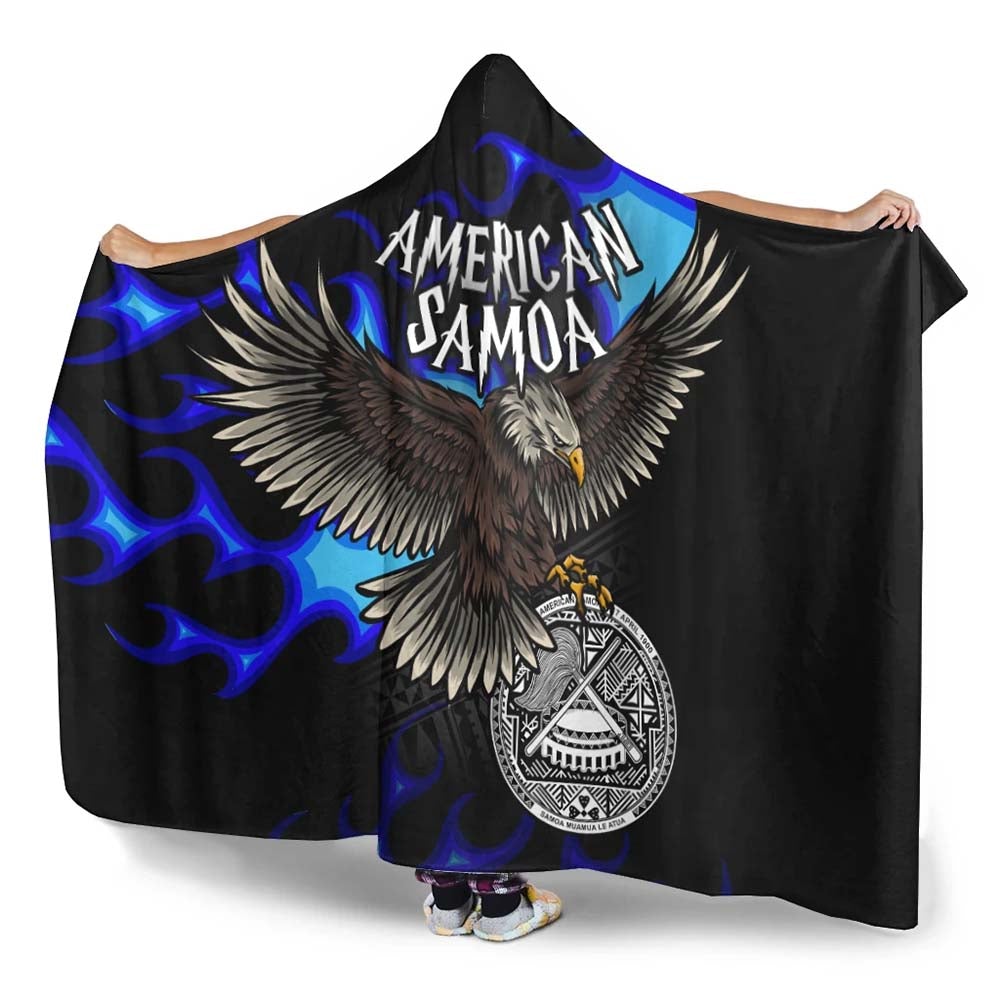 American Samoa Polynesian Hooded Blanket - Eagle With Flame Blue
