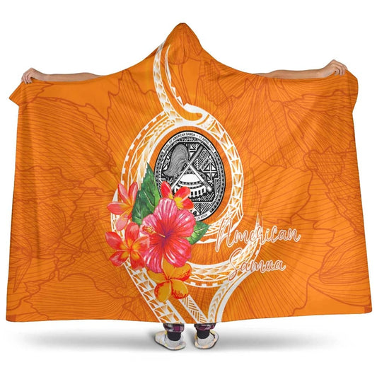 American Samoa Polynesian Hooded Blanket - Orange Floral With Seal