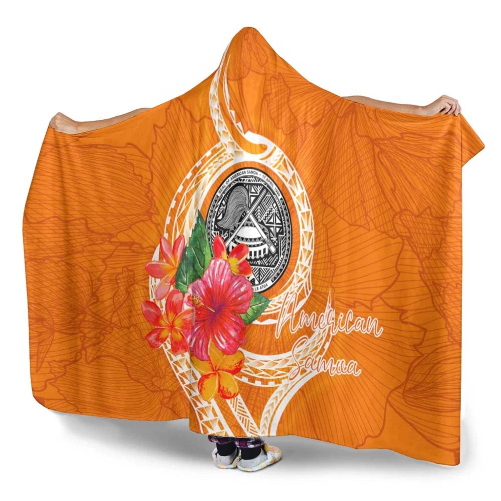 American Samoa Polynesian Hooded Blanket - Orange Floral With Seal