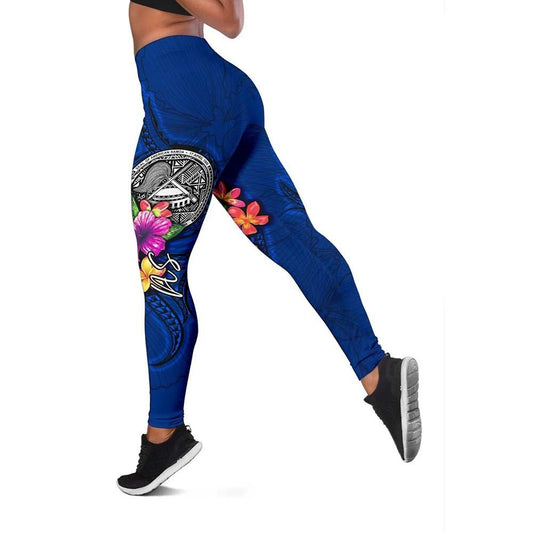 American Samoa Polynesian Legging - Floral With Seal Blue