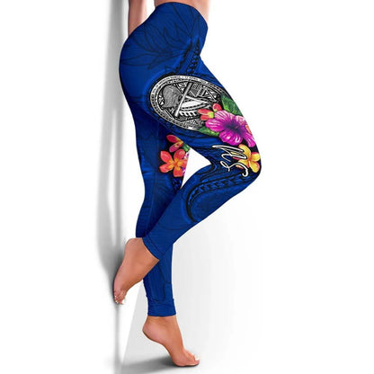 American Samoa Polynesian Legging - Floral With Seal Blue