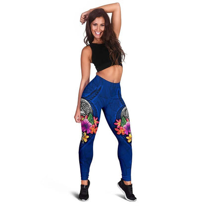 American Samoa Polynesian Legging - Floral With Seal Blue